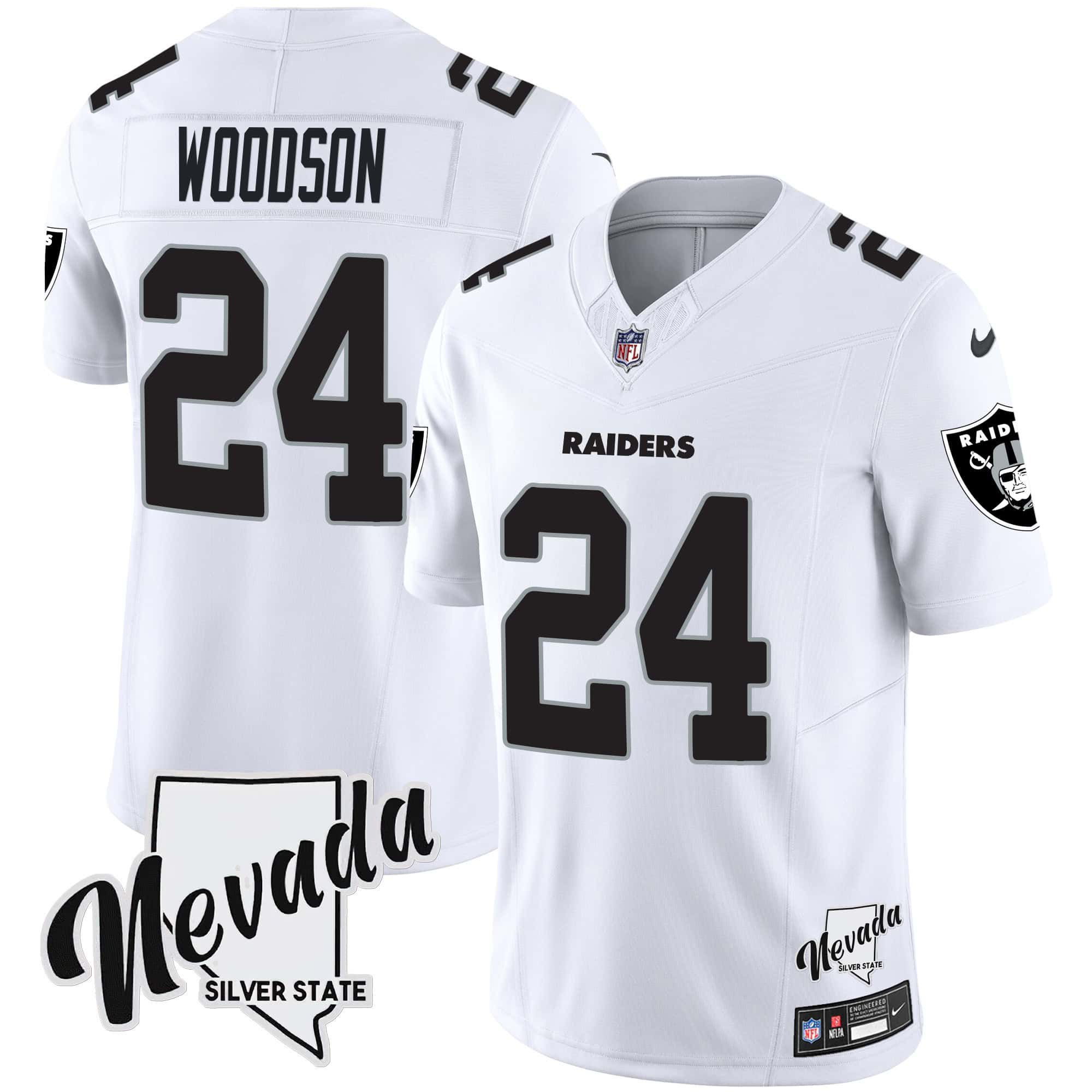 Men Oakland Raiders #24 Woodson White 2024 Nike Nevada Silver State Patch Vapor NFL Jersey